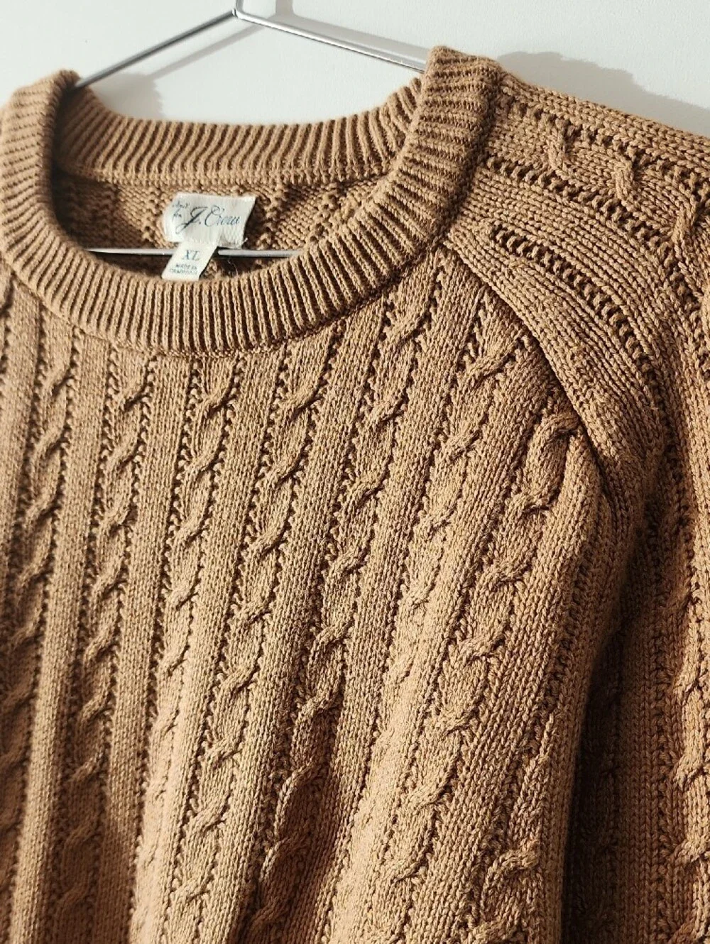 J.Crew Men's Cable-Knit Crewneck Sweater Tan Brown Size XL Preppy Classic